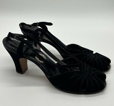 Vintage 1940s Red Cross Shoe Black Peep Toe Suede Slingback Sandals Heels 6.5
