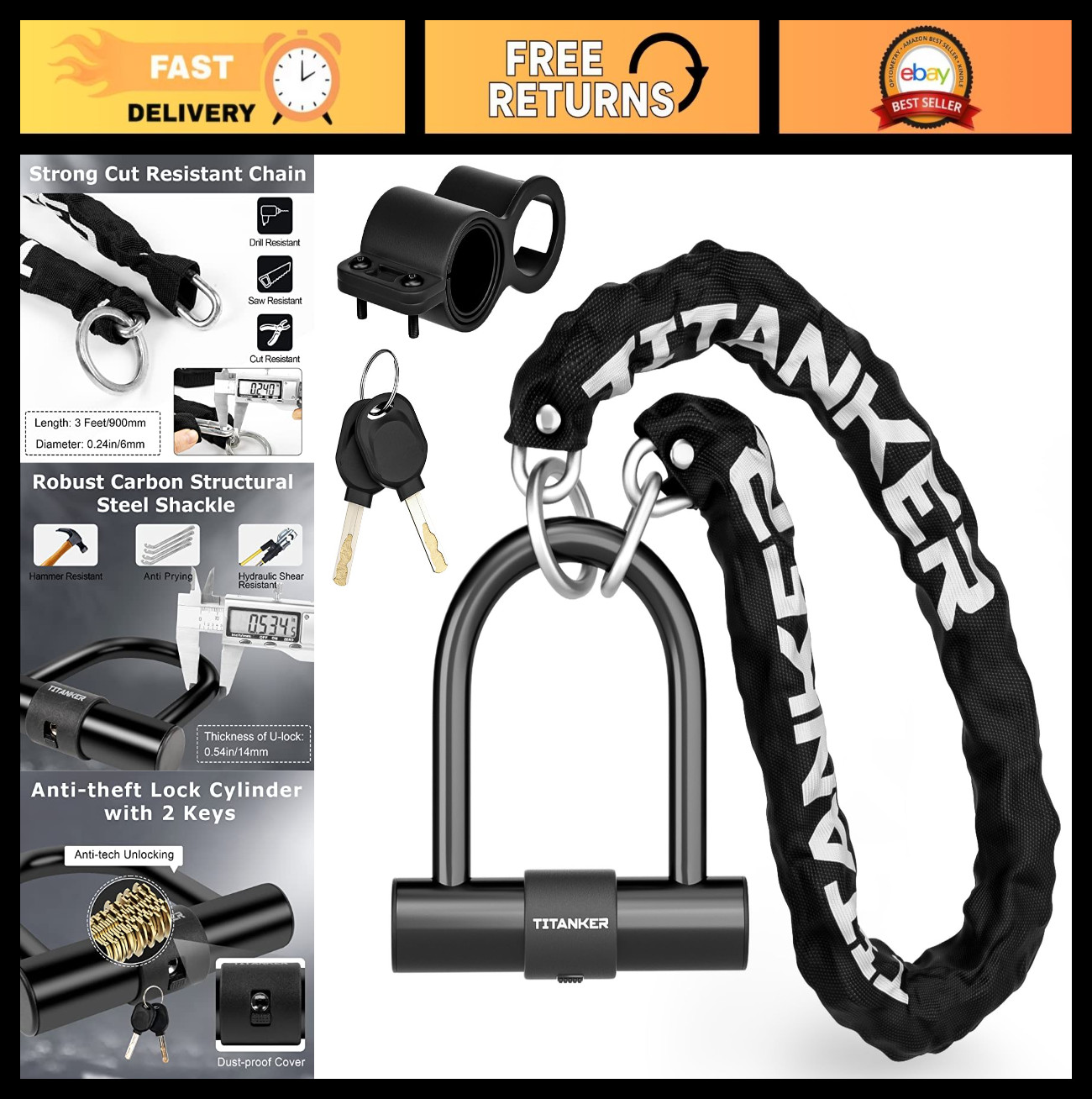 Heavy Duty Motorcycle Chain Lock - 14mm U Lock, 2 Keys, 3FT/