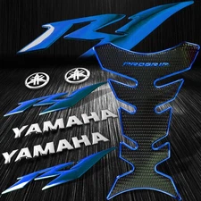 Blue Pro Fuel Tank Pad+YZF-R1/R1S Emblem Sticker+8" Silver Logo&Letter Grip Kit