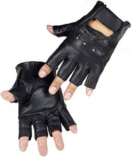 Long Keeper Fingerless Genuine Leather Gloves for Men Unisex Black Leather Half