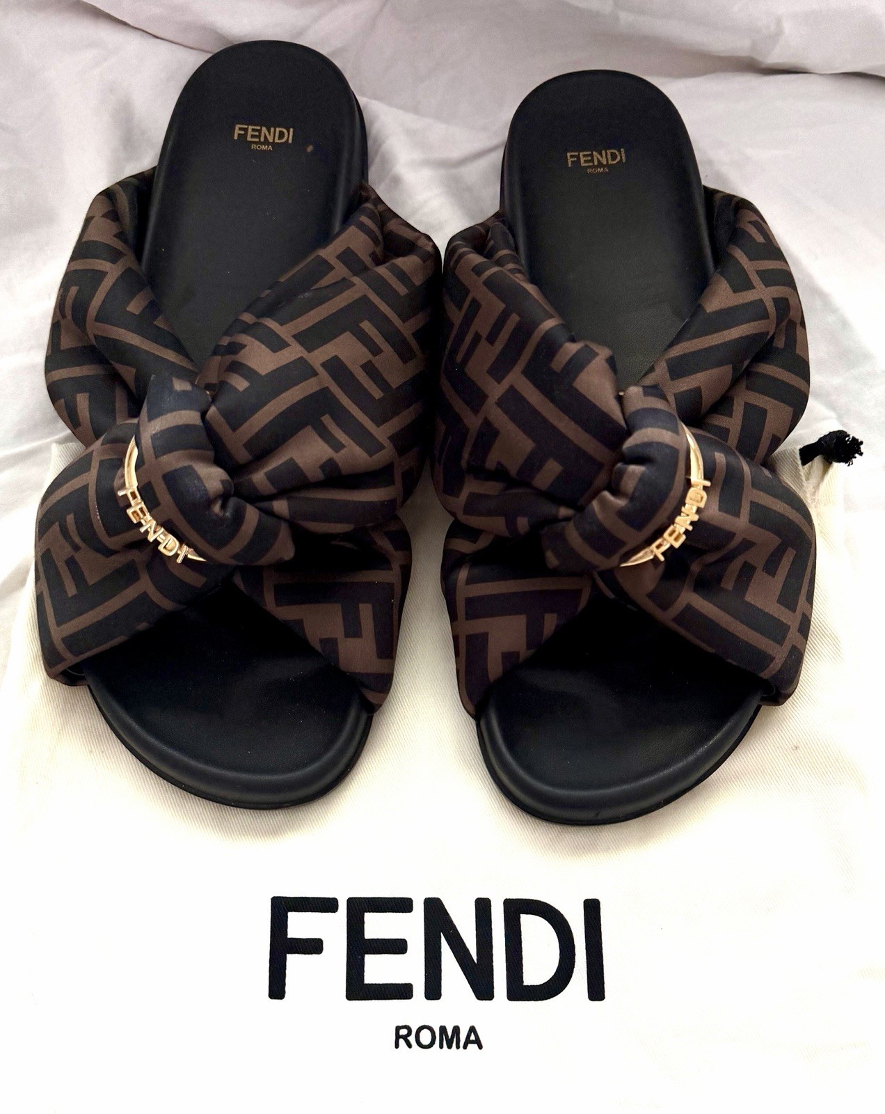 Fendi Women's Logo Bow Slide Sandals Brown Black Comfort Casual