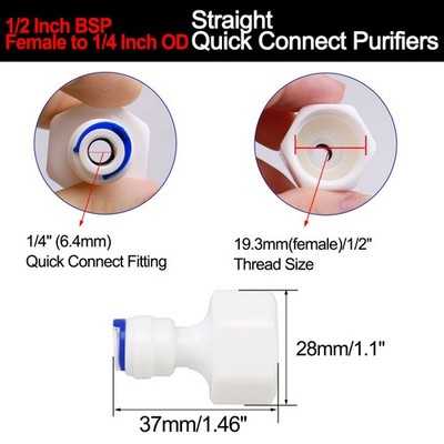 1/2 Inch BSP Female to 1/4 Inch OD Straight Quick Connect RO Water Fittings 5pcs