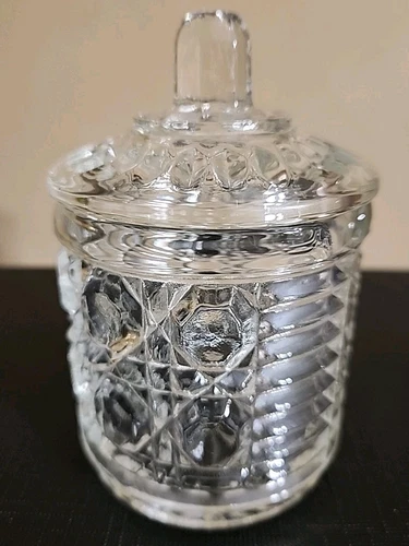 Vtg Federal Glass Clear Windsor Button & Cane Sugar Bowl Jam Jar w/Lid No Spoon