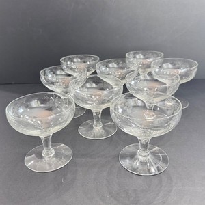 Vintage Etched Champagne Coupe Sherbet Glasses Grape Starburst Set of 9