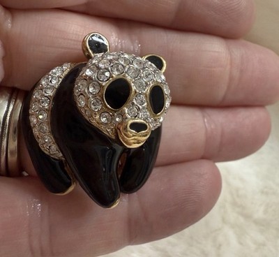A&S Signed Panda Bear Brooch Pin Black Enamel Gold Tone Clear Rhinestones