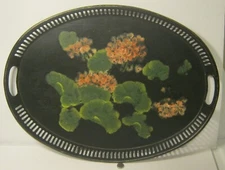 Antique Hand Painted Oval Steel Serving Tray GERANIUMS SCENE Unsigned NICE!!!