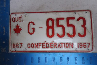Quebec License Plate Montreal Canada PQ Confederation 1967 Government Tag G-8553