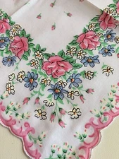 Charming New Pink Floral Roses & Daisies Handkerchief - LuRay Hankie!
