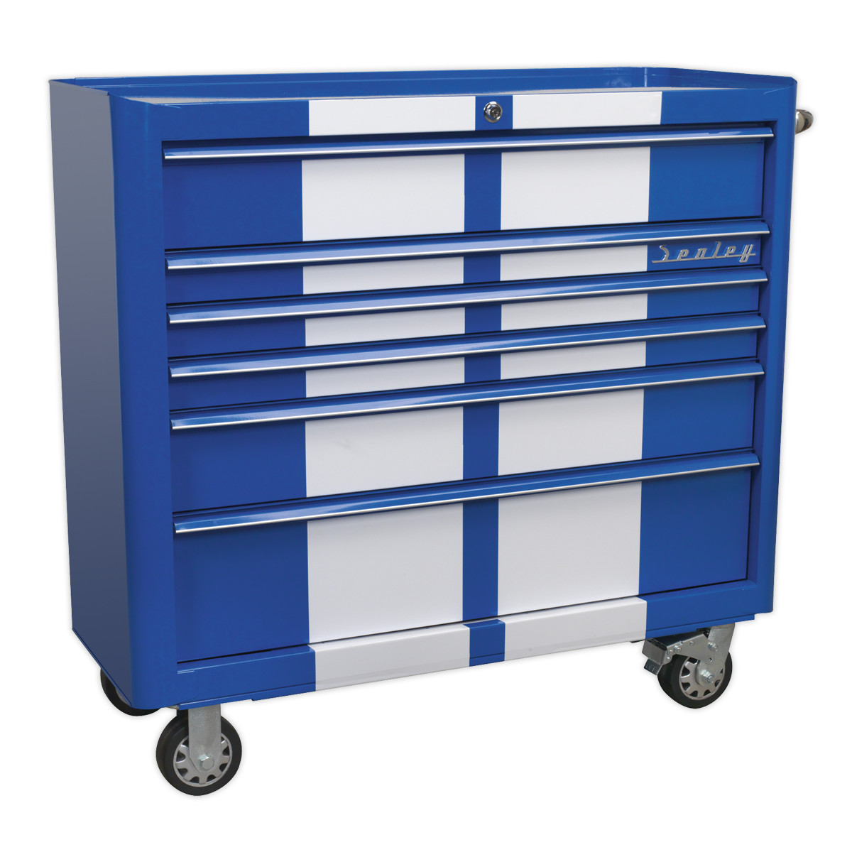 Sealey Rollcab 6 Drawer Wide Retro Style - Blue with White Stripes Garage Wor...