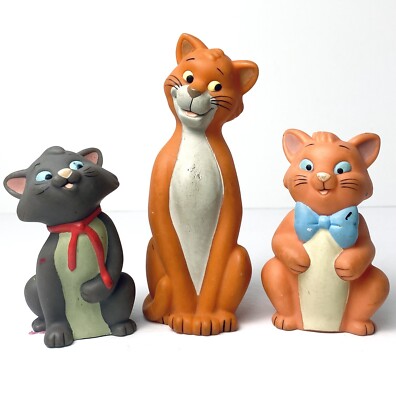 Disney Aristocats Bath Toy Figurine Set 3 Rubber Cat Cake Topper 6'' Vintage RARE