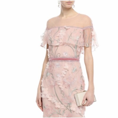 Marchesa Notte Dress Evening Embroidered Organza 3 D Blush Pale Pink Gown Sz 14