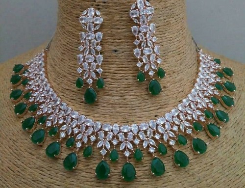 CZ Emerald Necklace Earring Jewelry Set 