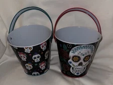 2 Day Of The Dead Pail Tin Bucket Sugar Skull Calavera Dia De Los Muertos NEW