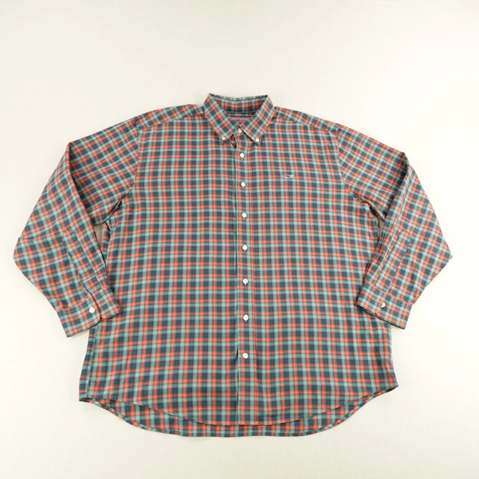 Vineyard Vines Shirt Men Large Orange Green Plaid Flannel Whale Button Up Preppy
