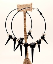 Silver black spike big 2.75" wide long dangle hoop party fashion jewelry earring