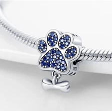 Authentic 100% 925 Sterling Silver Blue Paw Dog Charm For Bracelet Or Necklace