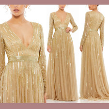 NWT $598 Mac Duggal [ 6 ] Sequined Illusion Long Sleeve A-line Gown Taupe #G1972