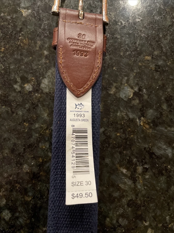 Southern Tide Belt 30 Blue Fish Mens Casual Fishing, Navy & Green With Leather. - Image 4 of 4