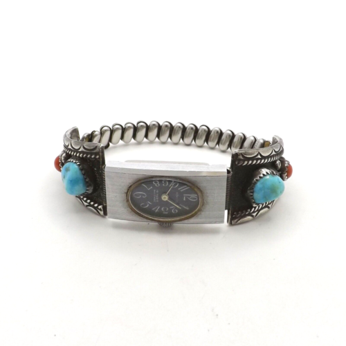 Alfred Al Joe Navajo Sterling Silver Turquoise Coral Tips Stretch Band Watch - Picture 1 of 7