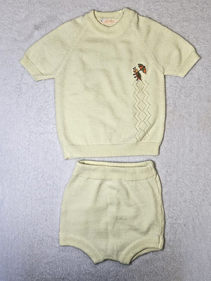 Vintage Renro Sweater Knit Baby Set Yellow Embroidered Made in Italy Large