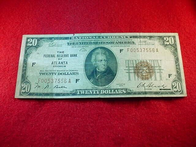 1929 $20  FEDERAL RESERVE BANK  OF ATLANTA GA NATIONAL NOTE!   #89