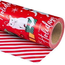 Reversible Cat Christmas Wrapping Paper - Mini Roll - 17 Inch x 33 Feet - Red...