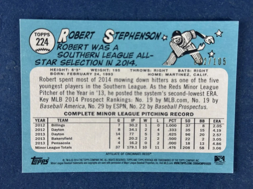 2014 Topps Heritage Minors Black #224 Robert Stephenson Reds /105 RC - Image 2 of 2