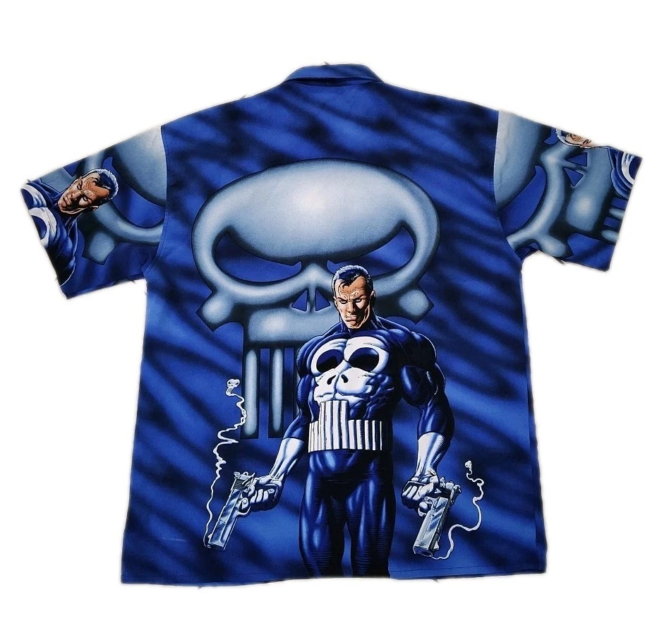 2001 Marvel Vintage Changes Punisher All Over Print Button Down Shirt Sz L Y2K - Image 4 of 4