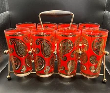 Red & 22-Karat Gold Paisley Culver Mid-CenturyBar Set (8 Glasses and Carrier)