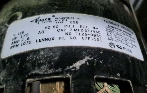 Fasco 7126-0955 Blower Motor 1/2HP 1075RPM 4SPD 115V 1PH 67F1501