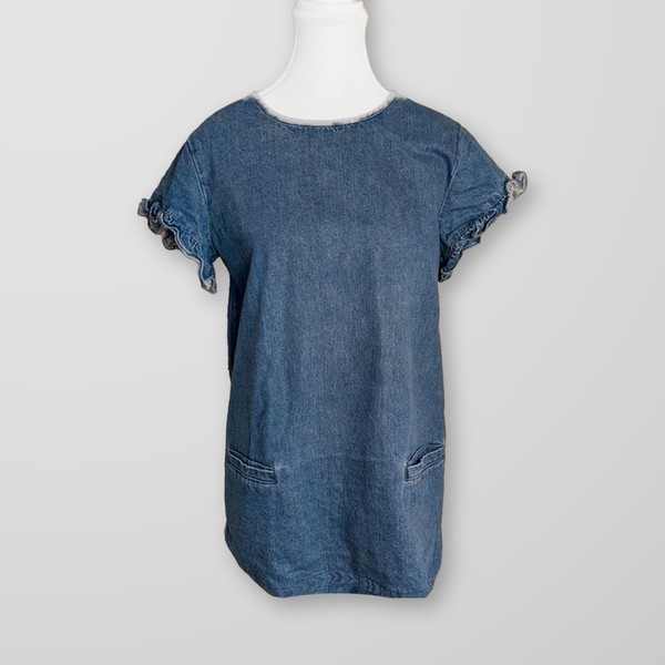 Mango Casual Denim Mini Shift Dress, Ruffle Sleeve, Pockets, Size 8 - 10