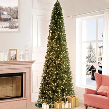9ft Slim Christmas Tree W/ Lights Realistic Skinny Pencil Christmas Tree Prelit