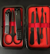 Black Stainless Steel Manicure Set – 8-Piece Grooming Kit with Case | Nail Clipp