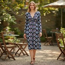 Tory Burch Silk Ikat Heart Print V-Neck Long Sleeve Dress Purple Blue Black M