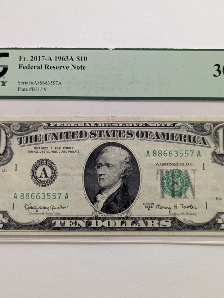 1963 A $10 FRN PCGS Currency VF 30 PPQ ~ FEDERAL RESERVE ~ Fr. 2017-A ~Very Fine - Image 3 of 4