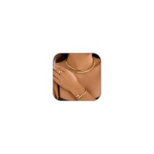 Chunky Gold Necklace Bracelet Ring Set for Women Open Adjustable Gold A 3Pcs