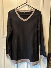 Women's M Blk Gray Solid Knit V-Neck Long Sleeve pullover Sweater Oversized