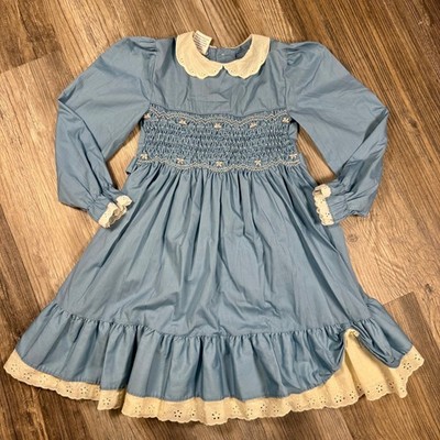 Polly Flinders Vintage Classic Prairie Girls Blue Smocked Eyelet Lace Dress 6X