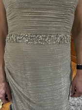 Strapless Silver Formal Gown Dress with Elegant Beaded Waist Detail Evening Wear