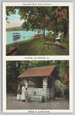 Postcard Dixon Illinois Multiview Rock River Lowell Park Boats