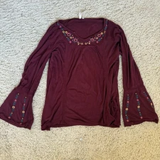 NY Collection Women’s embroidered bell-sleeve Top Blouse Boho Size M Wine Medium
