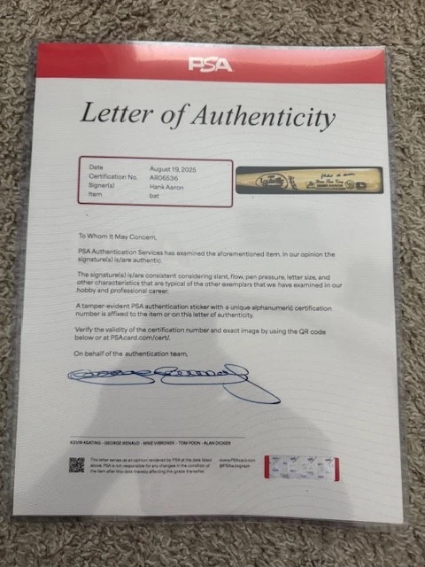 MLB Hank Aaron Autographed Louisville Slugger Baseball Bat PSA COA # AR06536 - Image 4 of 4