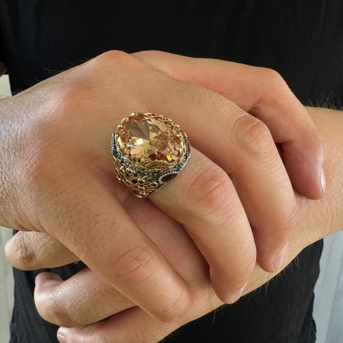 925 Sterling Silver Orange Citrine Stone Turkish Handmade Men's Ring Tree Life - Picture 4 of 5