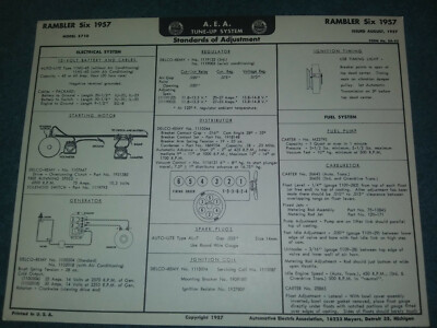 1957 RAMBLER MODEL 5710 6CYL A.E.A TUNE-UP CHART / USEFUL VINTAGE ITEM!