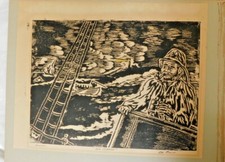 Vintage original Woodcut Print/litho "SEA RESCUE" signed Wm Bonser