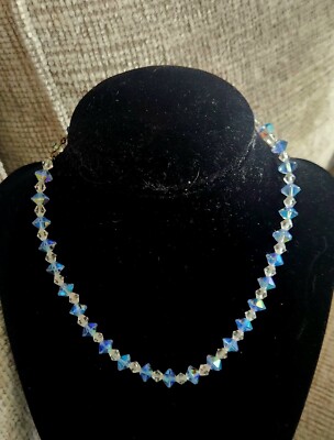 Vintage 1950s Aurora Borealis AB Crystal Bead Choker Necklace Shepherds Hook 14''