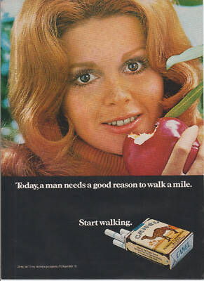 1971 Camel Cigarettes - Pretty Redhead Eve Girl Bites Apple - Print Ad Photo