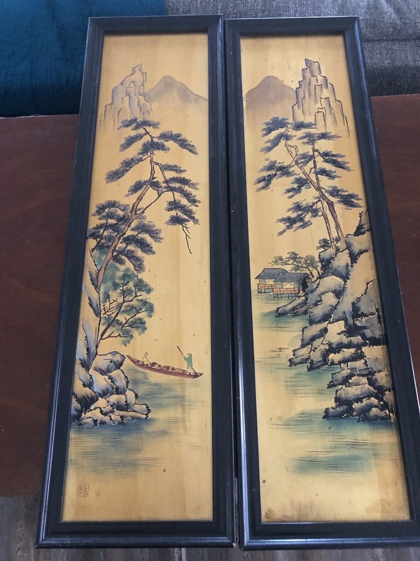 Chinese Landscape Paintings (2) Gold Background, Signed Young’an On Wood