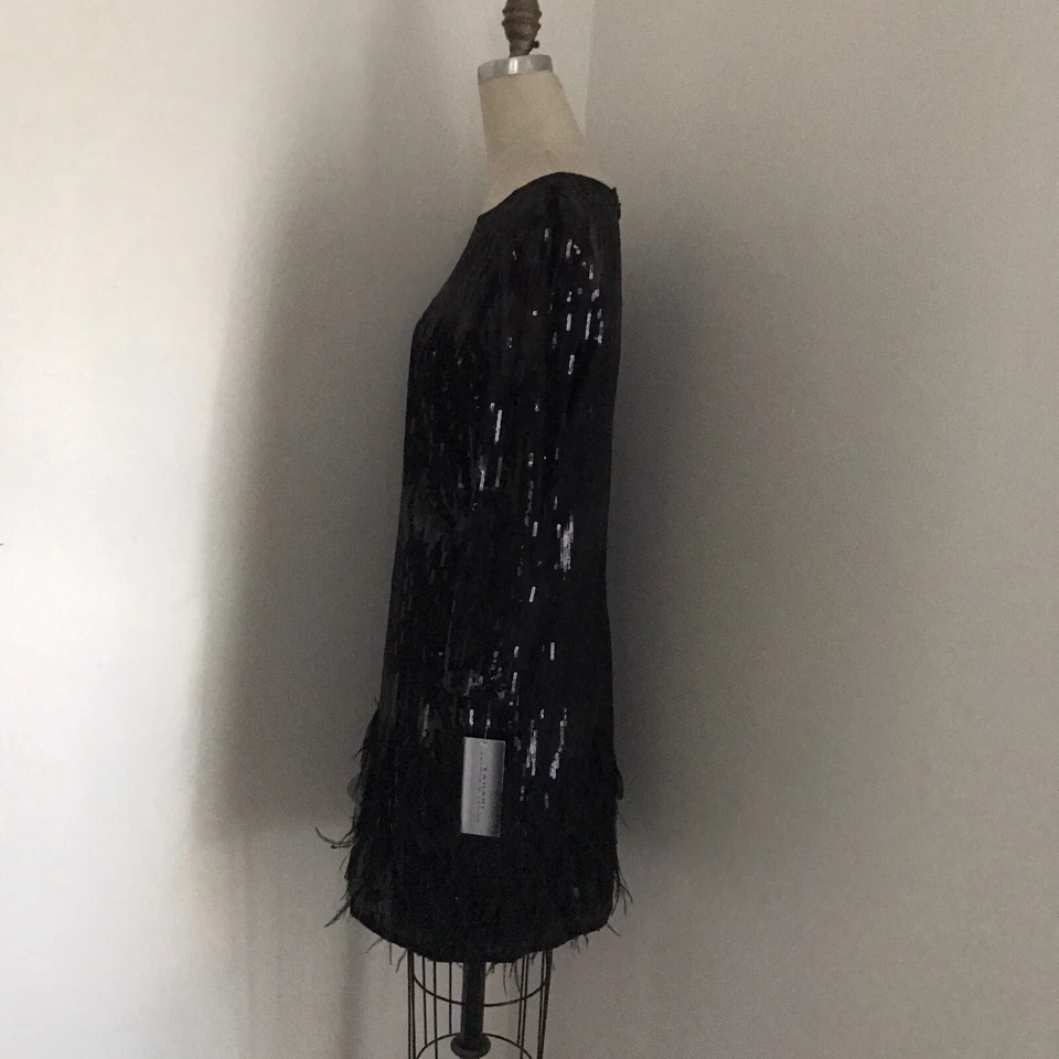  Dobladillo de plumas con cuentas negras para mujer Elie Tahari manga 3/4 10 Foto 3 de 4