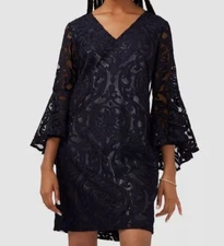 MSK Women's Blue Burnout Lace V Neck 3/4 Bell Sleeve Dress Petite Size 8P